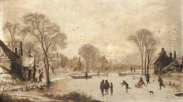 Skaters On A Frozen Canal By A Village - view 1