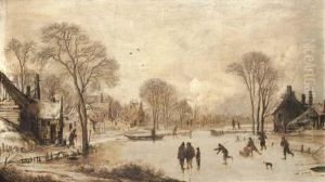 Skaters On A Frozen Canal By A Village by Aert van der Neer