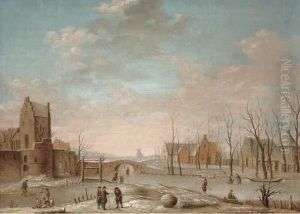 A Winter Landscape With Figures Playing Kolf On A Frozen River by Aert van der Neer