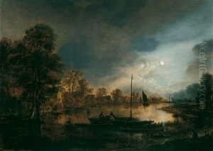 Mondbeschienene Flusslandschaft Mit Drei Mannern In Einem Boot.