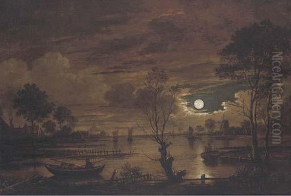 A Moonlit River Landscape With Fisherman - view 1