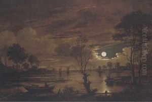 A Moonlit River Landscape With Fisherman by Aert van der Neer