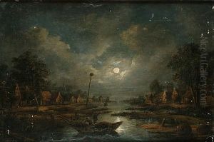 A Moonlit River Landscape With Fishermen In A Boat, A Village Beyond