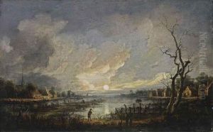 A Moonlit River Landscape With A
 Man Leaning On His Walking Stick And Fishermen In A Rowing Boat Near A 
Village