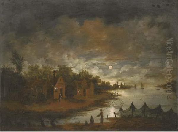 A Moonlit River Landscape With Fishermen By The Bank - view 1