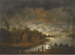 A Moonlit River Landscape With Fishermen By The Bank