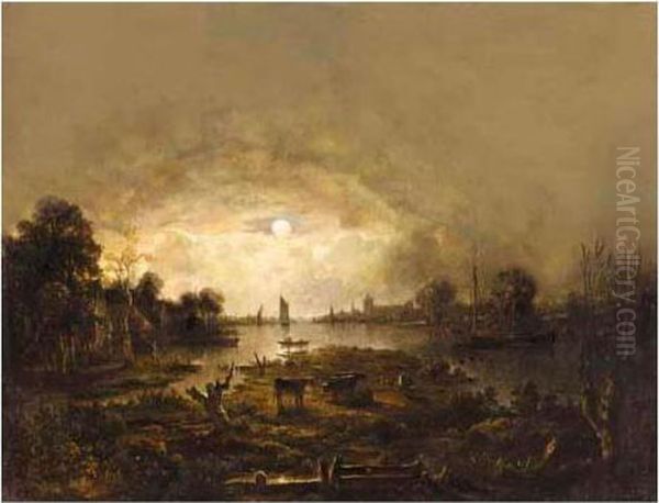 A River Landscape By Moonlight With Cattle In The Foreground And Shipping Beyond - view 1