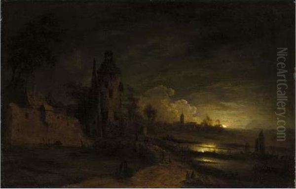 Moonlit Landscape With Figures On A Bridge Before A Tower - view 1