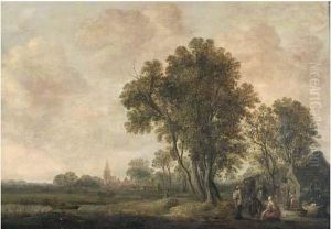 Paysage De Campagne, En Ete, Avec Des Voyageurs Et Une Servante Pres D'un Puits by Aert van der Neer
