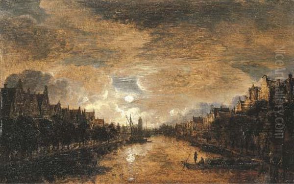 A Moonlit View Of A City Along A Canal - view 1