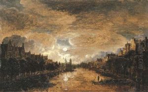 A Moonlit View Of A City Along A Canal by Aert van der Neer