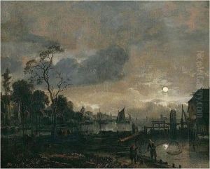 A Moonlit Estuary Scene With Fishermen Near A Watermill And A Village Beyond A Moonlit Estuary Scene With Fishermen Near A Watermill And A Village Beyond