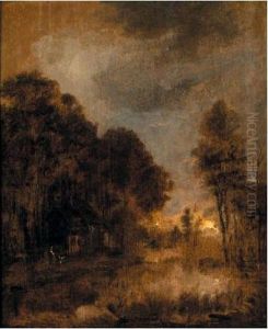 A Moonlit Lake With Figures On A Path