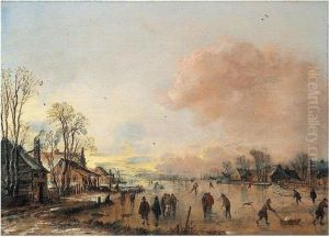 A Village In Winter With Skaters On A Frozen River