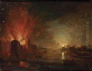 A Mill On Fire On A Riverbank by Aert van der Neer
