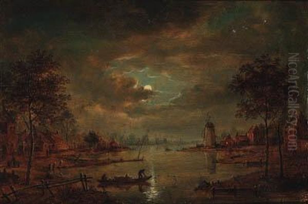 A Moonlit River Landscape With Figures In A Boat, A Windmillbeyond - view 1