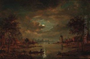 A Moonlit River Landscape With Figures In A Boat, A Windmillbeyond by Aert van der Neer