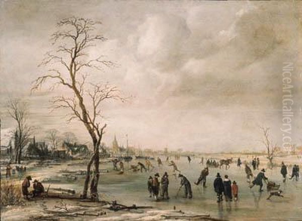 A Winter Landscape With 
Townsfolk Skating And Playing Kolf On Afrozen River, A Town Beyond - view 1