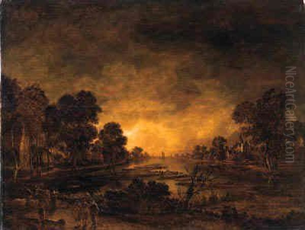 A Moonlit Riverlandscape With A
Driver And Cattle On A Track, Acastle And A Village Beyond - view 1
