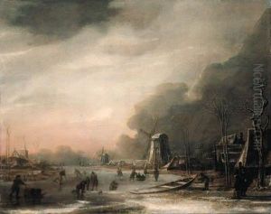 A Winter Landscape With Skaters 
And Kolf Players, An Elegant Couplein The Foreground, A Church And 
Windmills Beyond