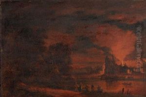 Follower Of Egbert Lievensz. Van Der Poelfigures Fleeing From A Burning Village by Egbert van der Poel