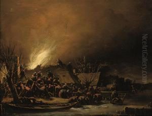 A Fire In A Village At Night by Egbert van der Poel