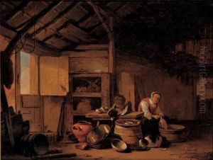 A Woman Plucking A Duck In A Barn by Egbert van der Poel