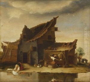 Wascherin Bei Einer Bauernhutte Am Wasser by Egbert van der Poel