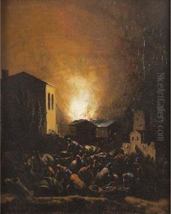 Village On Fire At Night by Egbert van der Poel