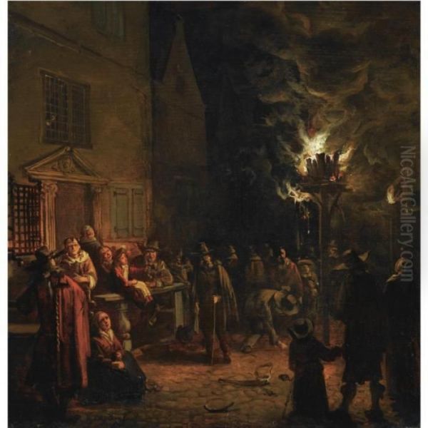 A Nocturnal Village Scene On The
Oude Delft, With Numerous Figures Gathered Around A Burning Tar-barrel - view 1