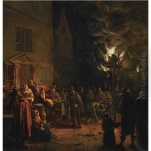 A Nocturnal Village Scene On The
 Oude Delft, With Numerous Figures Gathered Around A Burning Tar-barrel