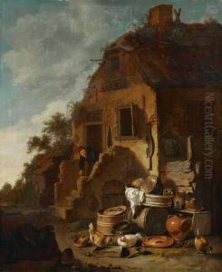 Bauerngehoft Mit Von Der Sonne Beschienenen Kuchengeratschaften by Egbert van der Poel