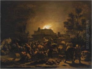 A Fire In A Village At Night, With Looting Soldiers In Theforeground by Egbert van der Poel
