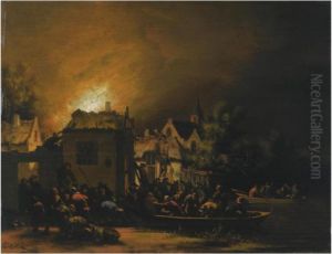 A Fire In A Village At Night With Villagers Trying To Extinguishit