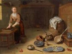 Kucheninterieur Mit Einer Magd Und Verschiedenen Gefasen by Egbert van der Poel