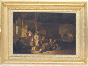The Interior Of A Stable, With A Peasant Family by Egbert van der Poel