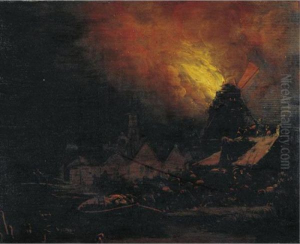 A Burning Mill At Night With Villagers Scrambling To Extinguish The Fire - view 1
