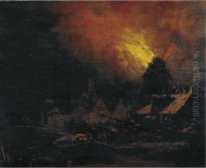 A Burning Mill At Night With Villagers Scrambling To Extinguish The Fire