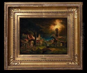 Ascribed To: A Fire At Night In A Village During A Storm