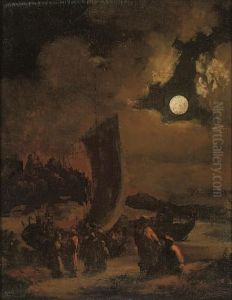 A Moonlit Beach With Figures By Boats by Egbert van der Poel