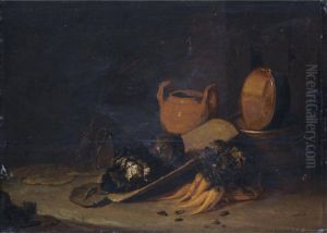 A Still Life With A Terracotta 
Urn, A Copper Basin, Cabbages And Carrots, Set In A Barn Interior
