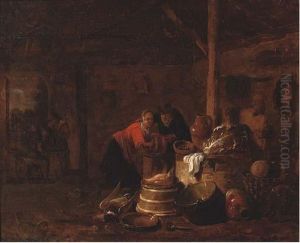 A Woman Washing Dishes In A Barn
 With A Man Beside Her, Three Men Conversing In The Background