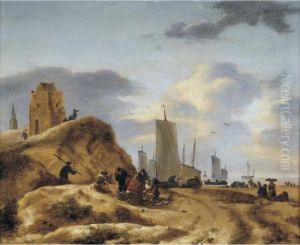 Fisherfolk Selling Their Wares On A Beach, With Sailing Vessels Beyond Fisherfolk Selling Their Wares On A Beach, With Sailing Vessels Beyond