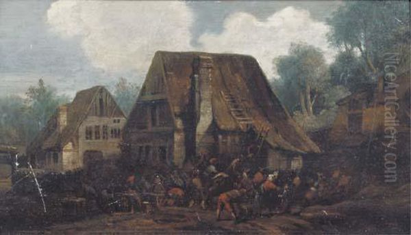 Peasants At Work Nearby A Farmhouse, With Others Merry Making In Avillage Street - view 1