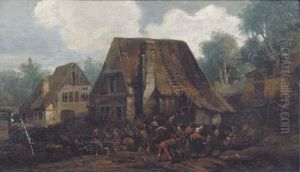 Peasants At Work Nearby A Farmhouse, With Others Merry Making In Avillage Street by Egbert van der Poel
