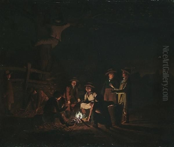 A Night Scene With Agricultural Labourers Warming Themselves Beside A Fire In A Field - view 1