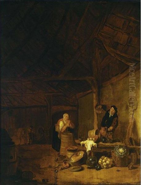 A Barn Interior With A Man
Picking Eggs From A Basket And A Woman Stirring In A Wooden Barrel, With
A Kitchen Still Life With Pots, Pans And Vegetables In The Foreground
And A Man With A Horse In The Background - view 1