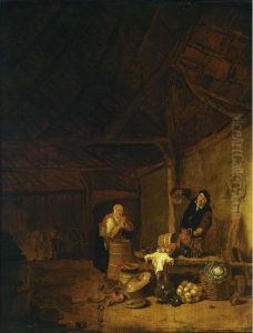 A Barn Interior With A Man
Picking Eggs From A Basket And A Woman Stirring In A Wooden Barrel, With
A Kitchen Still Life With Pots, Pans And Vegetables In The Foreground
And A Man With A Horse In The Background by Egbert van der Poel