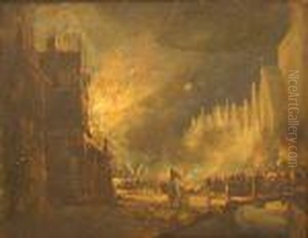 A House In Thecity Ablaze At Night - view 1