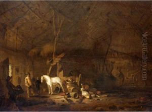 A Barn Interior With A Cavalier And His Horse by Egbert van der Poel